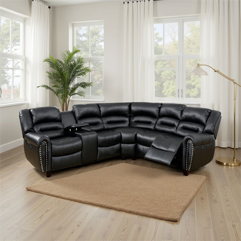 Benjara Qox Power Reclining Sectional Sofa Set- USB Port- Bonded Leather- Black