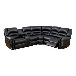Benjara Qox Power Reclining Sectional Sofa Set- USB Port- Bonded Leather- Black