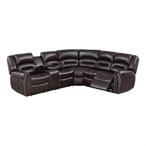 Benjara Qox Power Reclining Sectional Sofa Set- USB Port- Bonded Leather- Brown