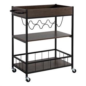 Benjara Kelcy 34&quot Modern Kitchen Bar Cart- 3 Shelves- Wine Rack- Wheels- Brown