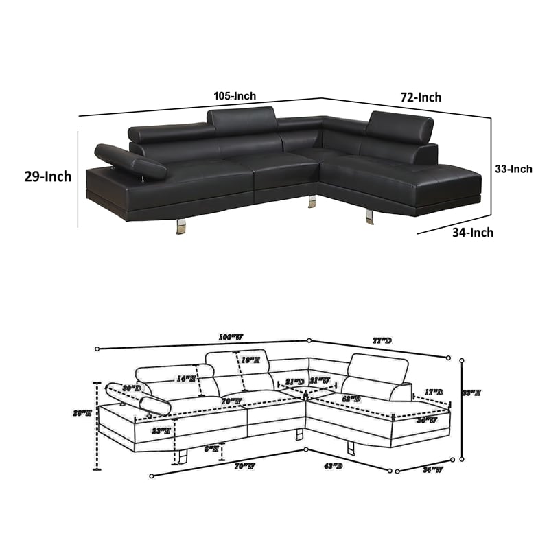 Benjara Cree 2 PC Modern Sectional Sofa with Chaise- Adjustable Headrests- Black