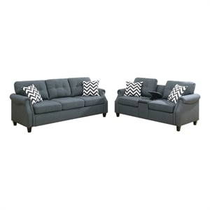 Benjara Modern 2 PC Sofa Set- Loveseat & Pillows- USB Console- Cupholder- Gray