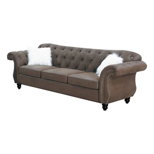 Benjara Rima 93&quot Modern Sofa- Faux Leather Cushions- Rolled Armrests- Brown