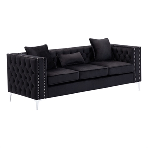 Benjara Joni 86&quot Sofa- Chesterfield Design- Deep Button Tufting- Black Velvet