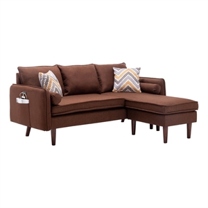 Benjara Ranon 70&quot Sectional Chaise Sofa- Pillows- USB Ports- Side Pockets Brown