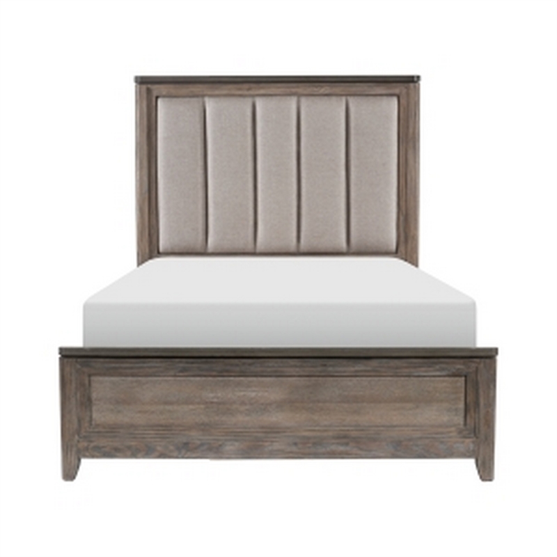 Benjara Cady Classic Upholstered Queen Bed-Channel Tufted Headboard-Brown Fabric