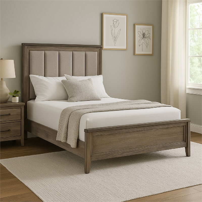 Benjara Cady Classic Upholstered Queen Bed-Channel Tufted Headboard-Brown Fabric