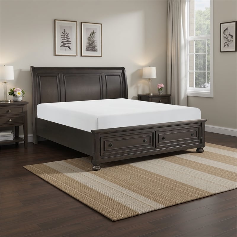 Benjara Cappi Classic Queen Platform Bed- 2 Storage Drawer Footboard- Brown Wood