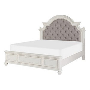 Benjara Desha Queen Bed- Button Tufted Headboard w/ Curve Details- Antique White