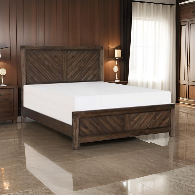 Benjara Bitsy Modern Queen Bed- Angled Plank Design- Tapered Legs- Espresso