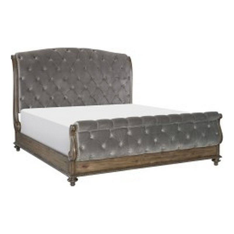 Benjara Danya Queen Bed-Sleigh Style-Tufted Rolled Headboard-Nailed Gray Velvet