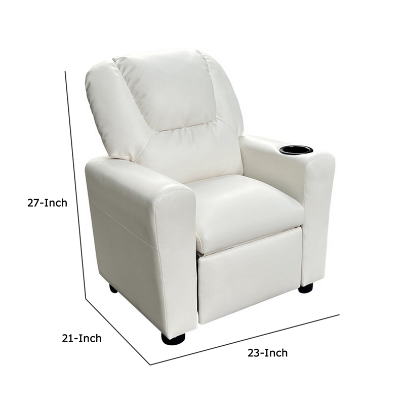 Benjara Nik Youth Recliner Chair- Cup Holder- Padded Seat and Back- White