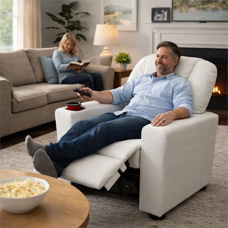 Benjara Nik Youth Recliner Chair- Cup Holder- Padded Seat and Back- White