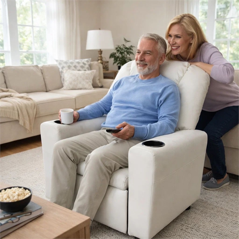 Benjara Nik Youth Recliner Chair- Cup Holder- Padded Seat and Back- White