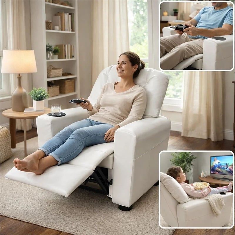 Benjara Nik Youth Recliner Chair- Cup Holder- Padded Seat and Back- White