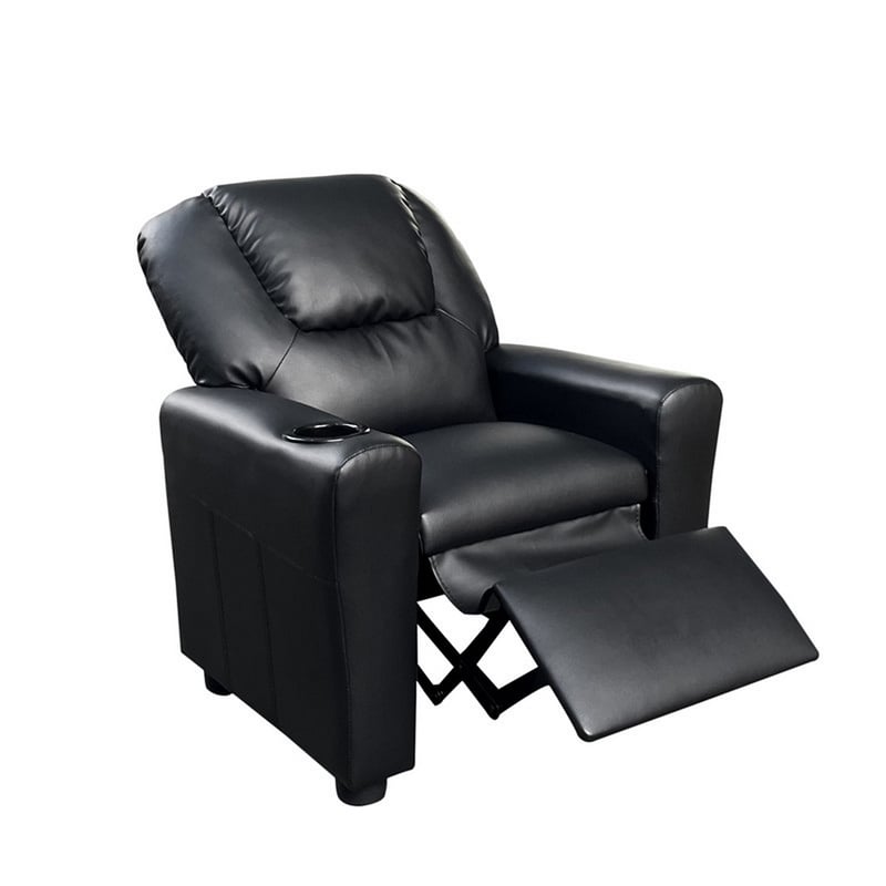 Benjara Nik Youth Recliner Chair- Cup Holder- Padded Seat and Back- Black