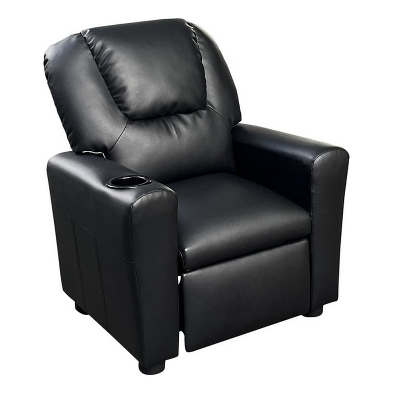Benjara Nik Youth Recliner Chair- Cup Holder- Padded Seat and Back- Black