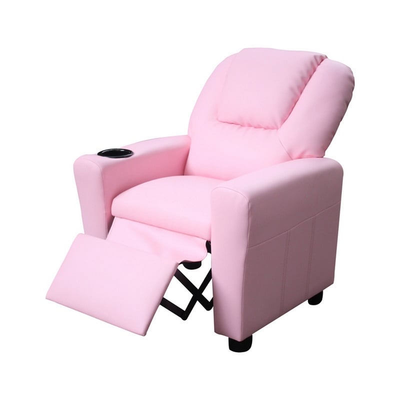 Benjara Nik Youth Recliner Chair- Cup Holder- Padded Seat and Back- Pink