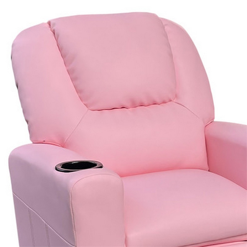Benjara Nik Youth Recliner Chair- Cup Holder- Padded Seat and Back- Pink