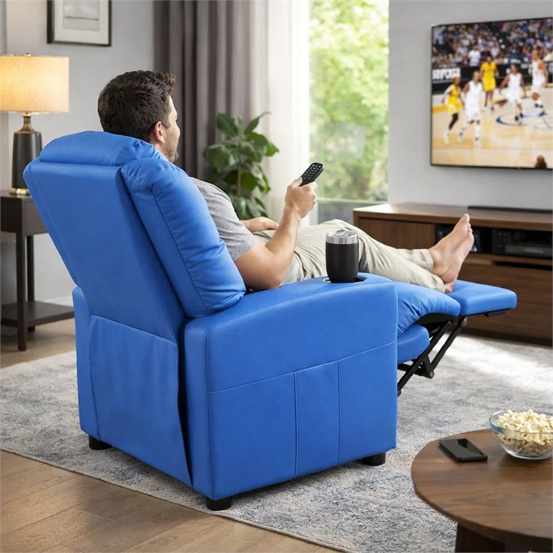Benjara Nik Youth Recliner Chair- Cup Holder- Padded Seat and Back- Blue