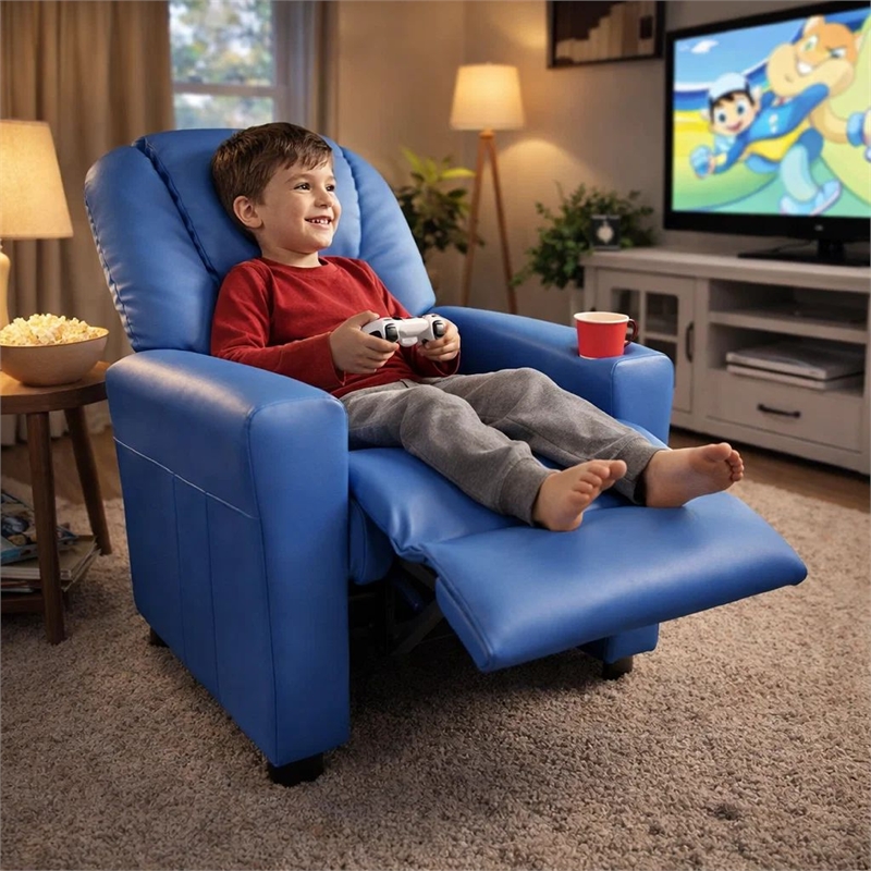 Benjara Nik Youth Recliner Chair- Cup Holder- Padded Seat and Back- Blue