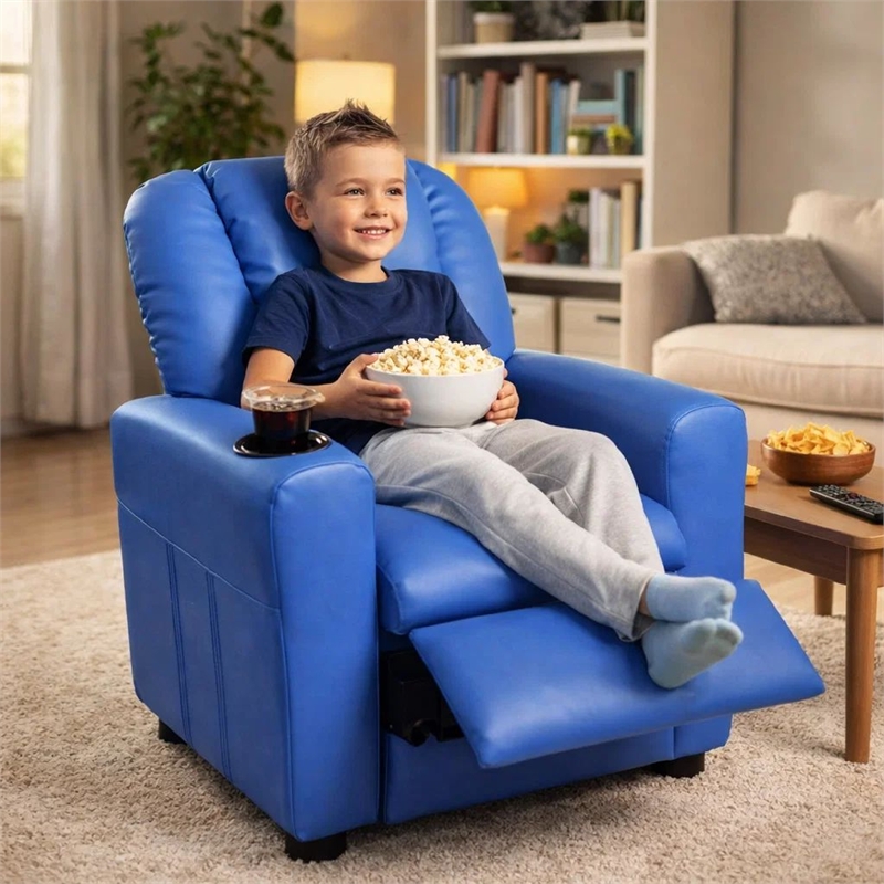 Benjara Nik Youth Recliner Chair- Cup Holder- Padded Seat and Back- Blue