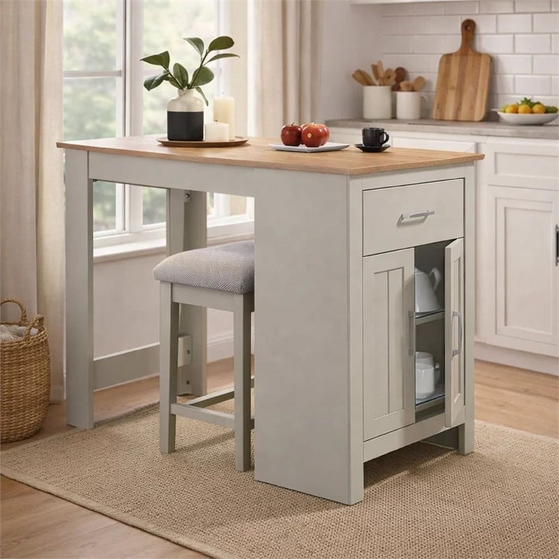 Benjara 3 Piece Counter Height Dining Table Kitchen Island With Storage- Gray