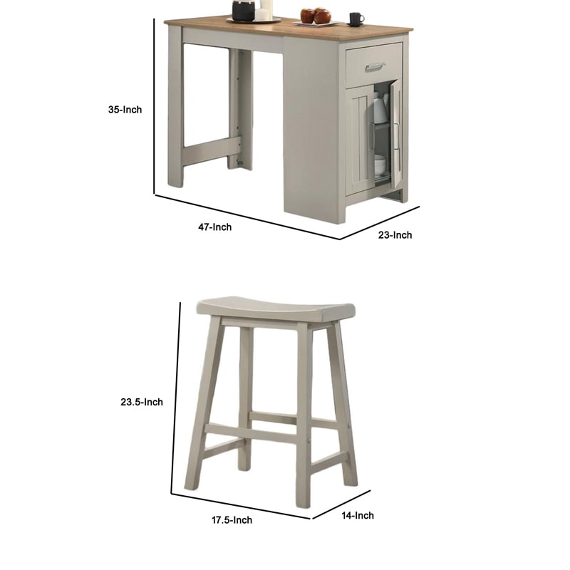 Benjara 3 Piece Dining Table Kitchen Island with Storage- Counter Stools- Gray