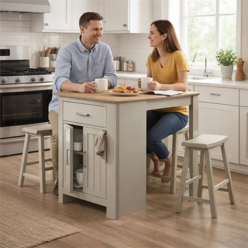 Benjara 3 Piece Dining Table Kitchen Island with Storage- Counter Stools- Gray