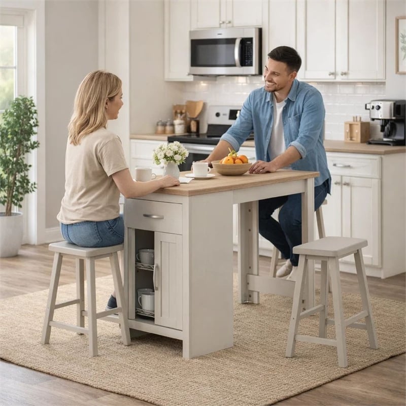 Benjara 3 Piece Dining Table Kitchen Island with Storage- Counter Stools- Gray