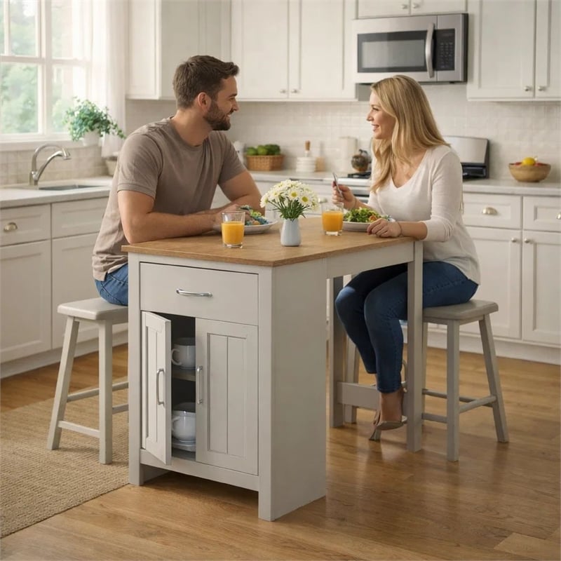 Benjara 3 Piece Dining Table Kitchen Island with Storage- Counter Stools- Gray