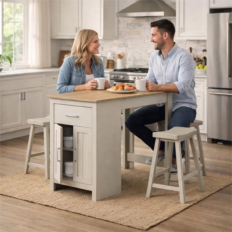 Benjara 3 Piece Dining Table Kitchen Island with Storage- Counter Stools- Gray