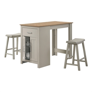 Benjara 3 Piece Dining Table Kitchen Island with Storage- Counter Stools- Gray