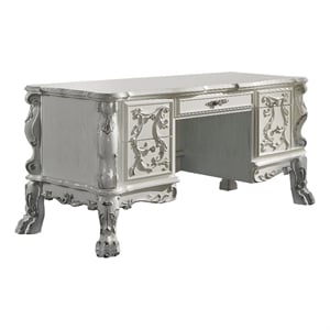 Benjara Aurora 75&quot Classic Style Wood Office Desk- Floral Carvings- Bone White