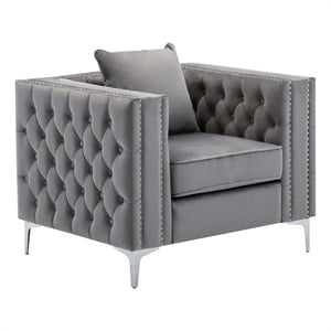 Benjara Joni 40&quot Armchair- Chesterfield Design- Button Tufting- Gray Velvet