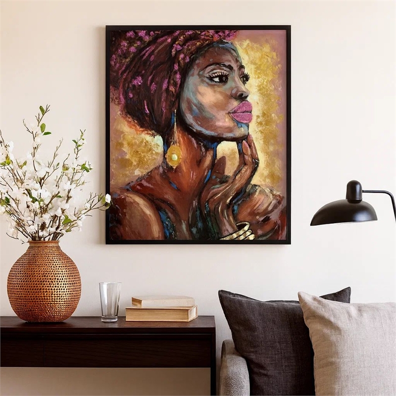 Benjara Rin 30 x 39 Hand Painted African Woman-Resin Coated-Rich Browns-Yellows