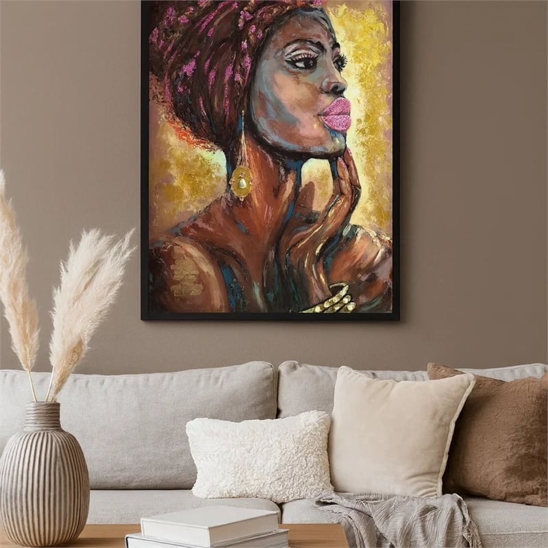 Benjara Rin 30 x 39 Hand Painted African Woman-Resin Coated-Rich Browns-Yellows