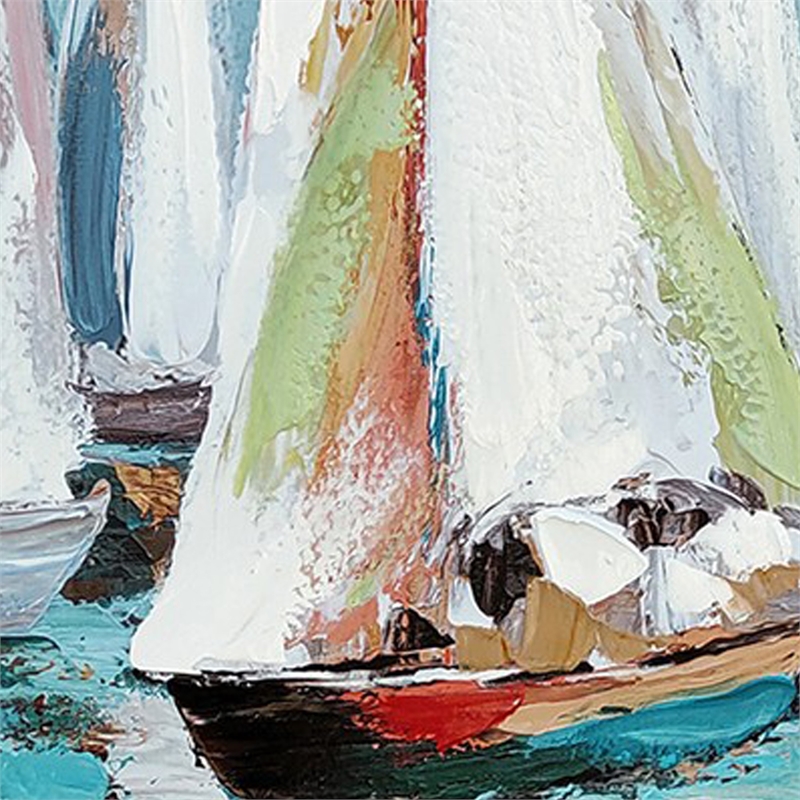 Benjara Hy 39 x 59 Hand Painted Multicolor Floating Boats- Modern- White Frame