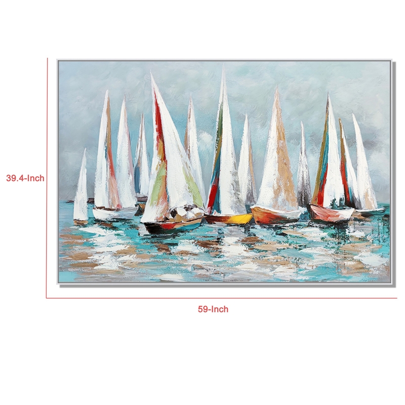 Benjara Hy 39 x 59 Hand Painted Multicolor Floating Boats- Modern- White Frame