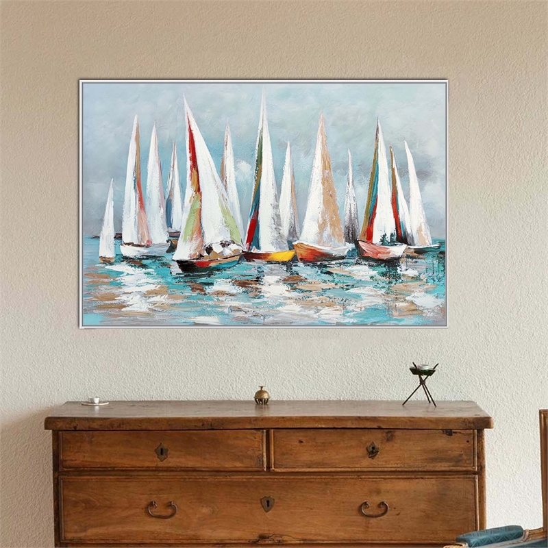 Benjara Hy 39 x 59 Hand Painted Multicolor Floating Boats- Modern- White Frame
