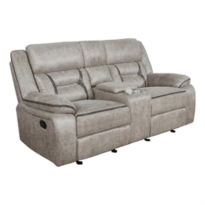 Benjara Tye 77&quot Glider Manual Recliner Loveseat- Gel Foam- Taupe Faux Leather