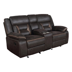Benjara Tye 77&quot Glider Manual Recliner Loveseat- Cool Dark Brown Faux Leather