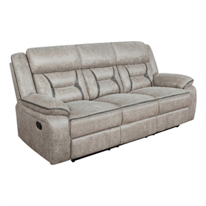Benjara Tye 87&quot Glider Manual Recliner Sofa- Cool Gel Foam- Taupe Faux Leather