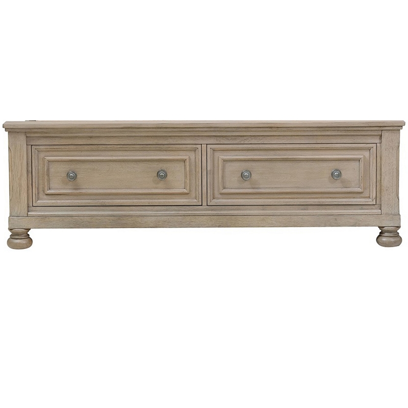 Benjara Sage Queen Sleigh Bed- 2 Drawer Footboard- Wire Brushed Smooth Gray