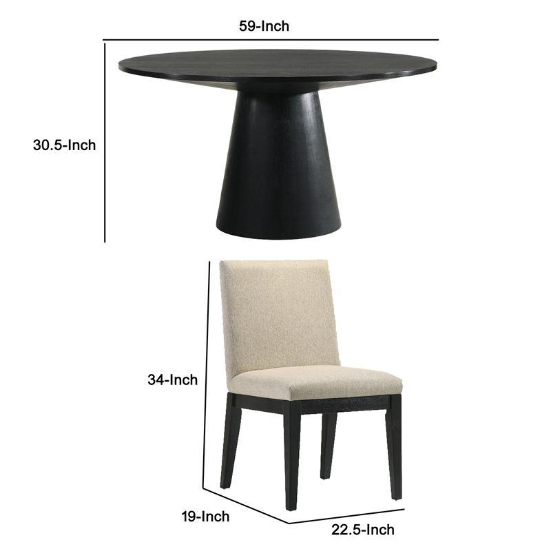 Benjara 3 Piece Wood Dining Table Set- Padded Backrests- Round Surface- Beige