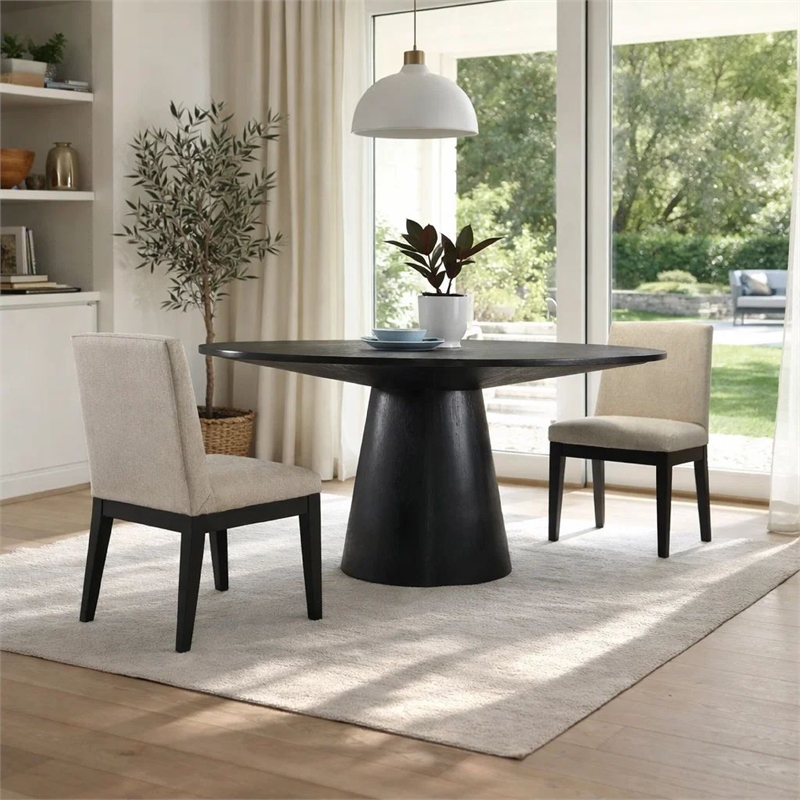 Benjara 3 Piece Wood Dining Table Set- Padded Backrests- Round Surface- Beige