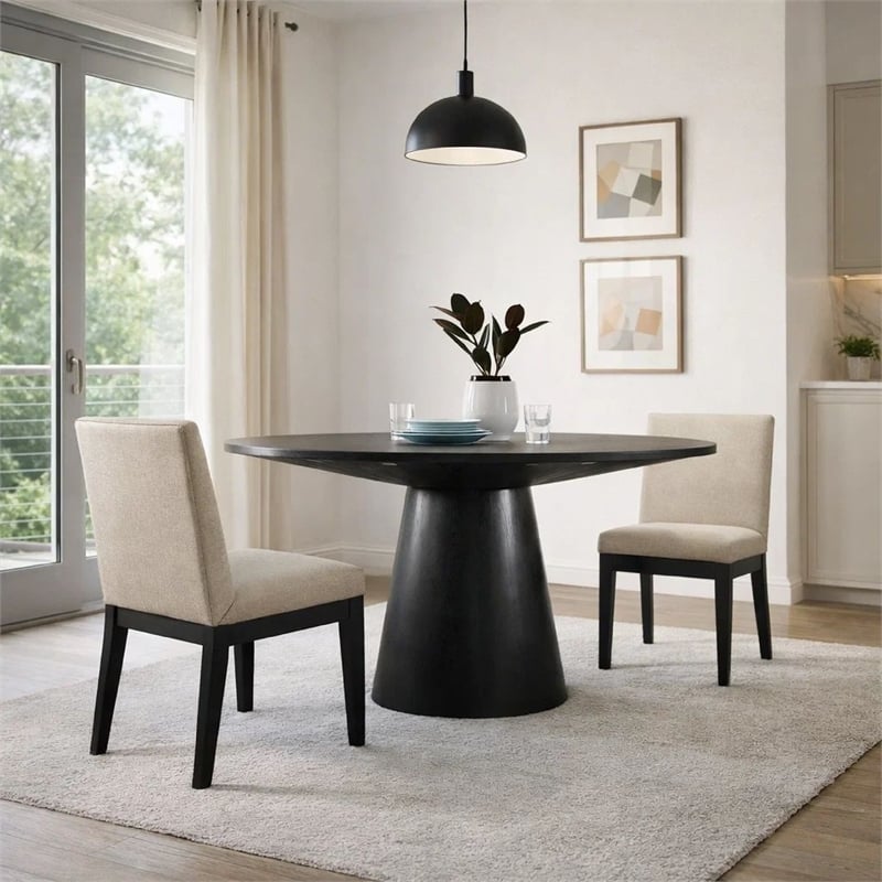 Benjara 3 Piece Wood Dining Table Set- Padded Backrests- Round Surface- Beige