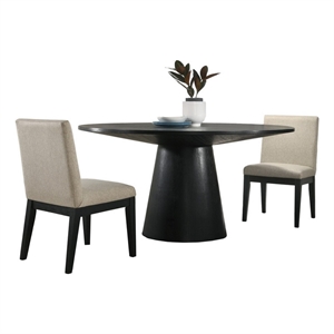 Benjara 3 Piece Wood Dining Table Set- Padded Backrests- Round Surface- Beige