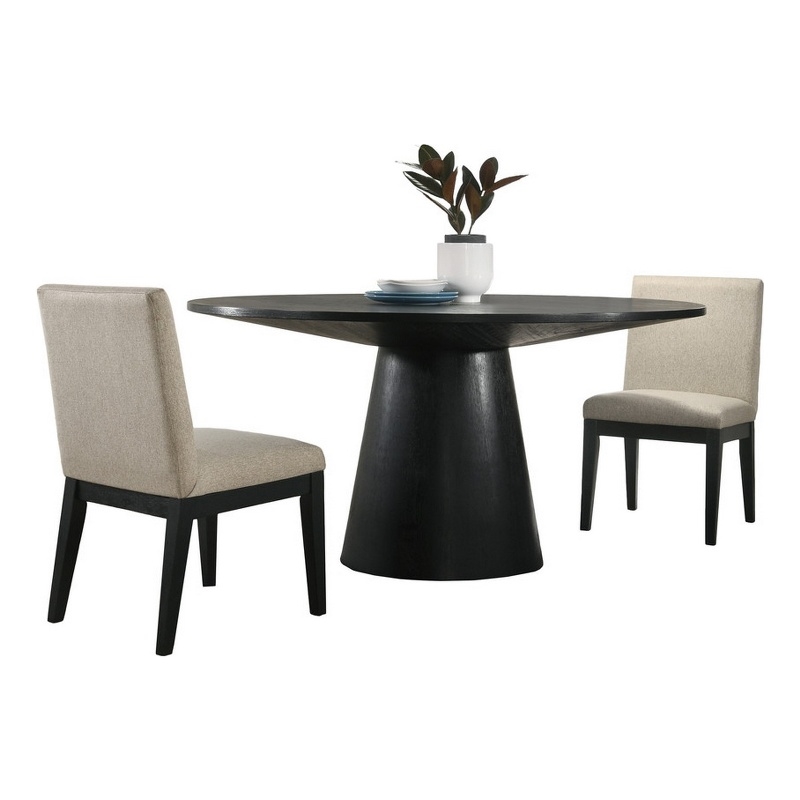 Benjara 3 Piece Wood Dining Table Set- Padded Backrests- Round Surface- Beige