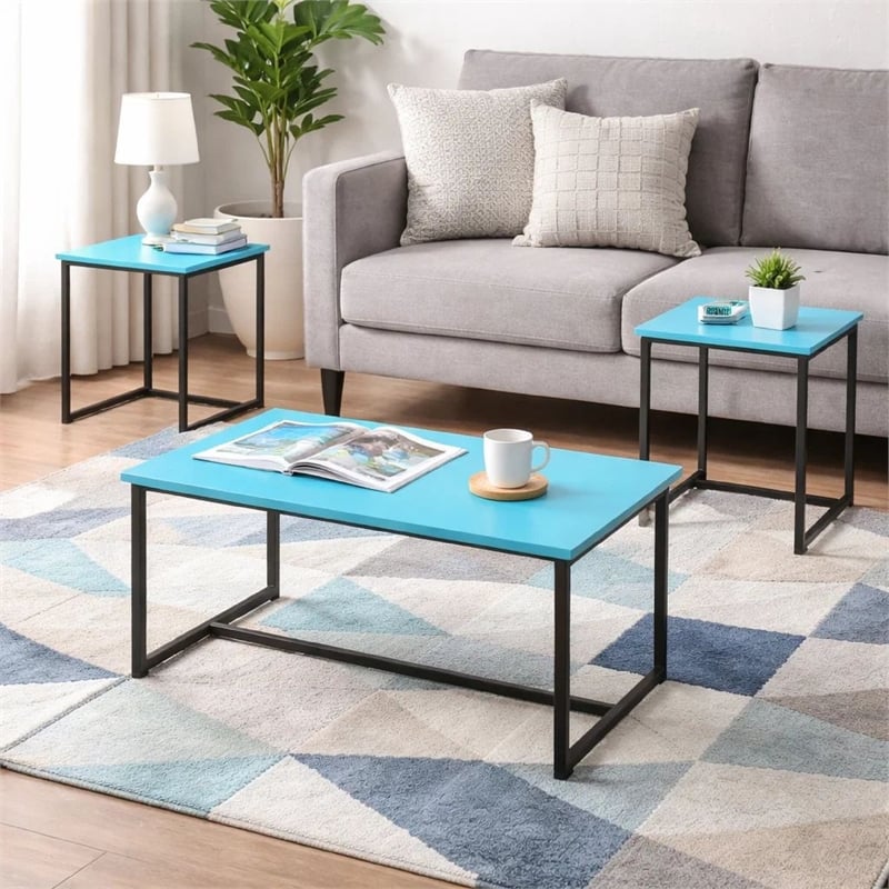 Benjara Ont 3 Piece Coffee Table and End Table Set- Carbon Fiber Top- Blue